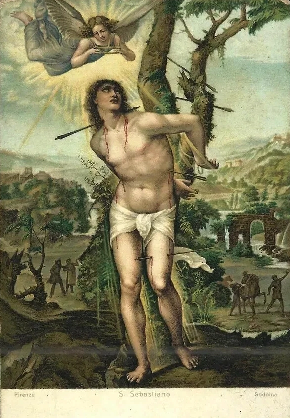 Vintage holy card image of Saint Sebastian pierced by arrows