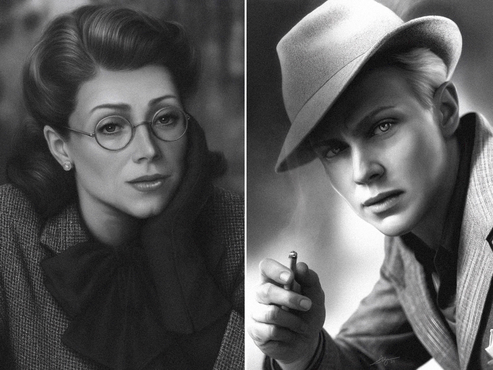 Noir-style portrait of Dr. Eleanor Wentworth and Eddie Langley in 1942