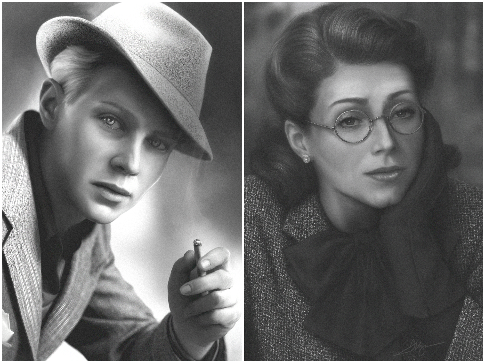 Noir-style portrait of Dr. Eleanor Wentworth and Eddie Langley in 1942